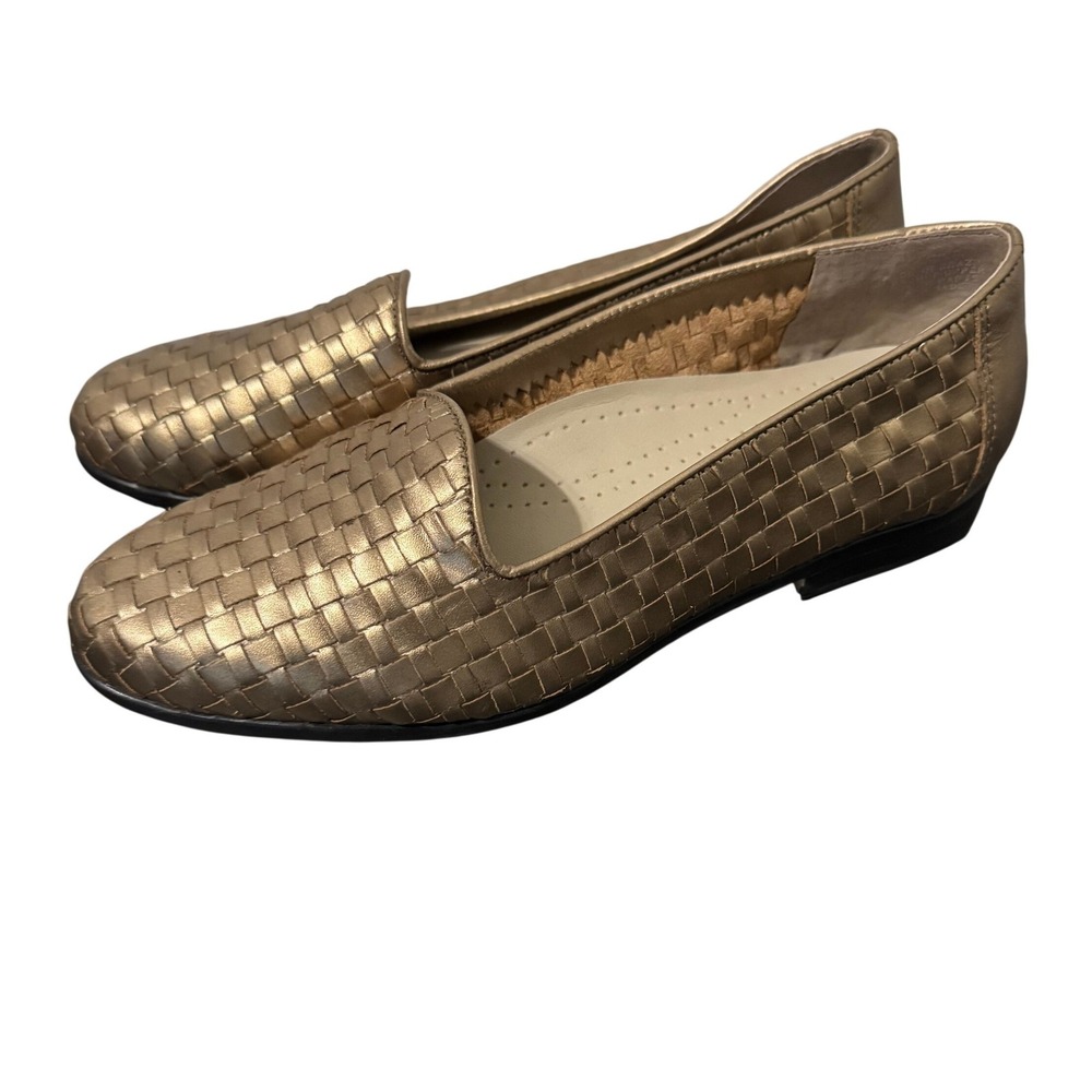 Trotters Liz Woven Leather Loafers 7W Wide‎ Pewter Gold Slip On Comfort Casual
